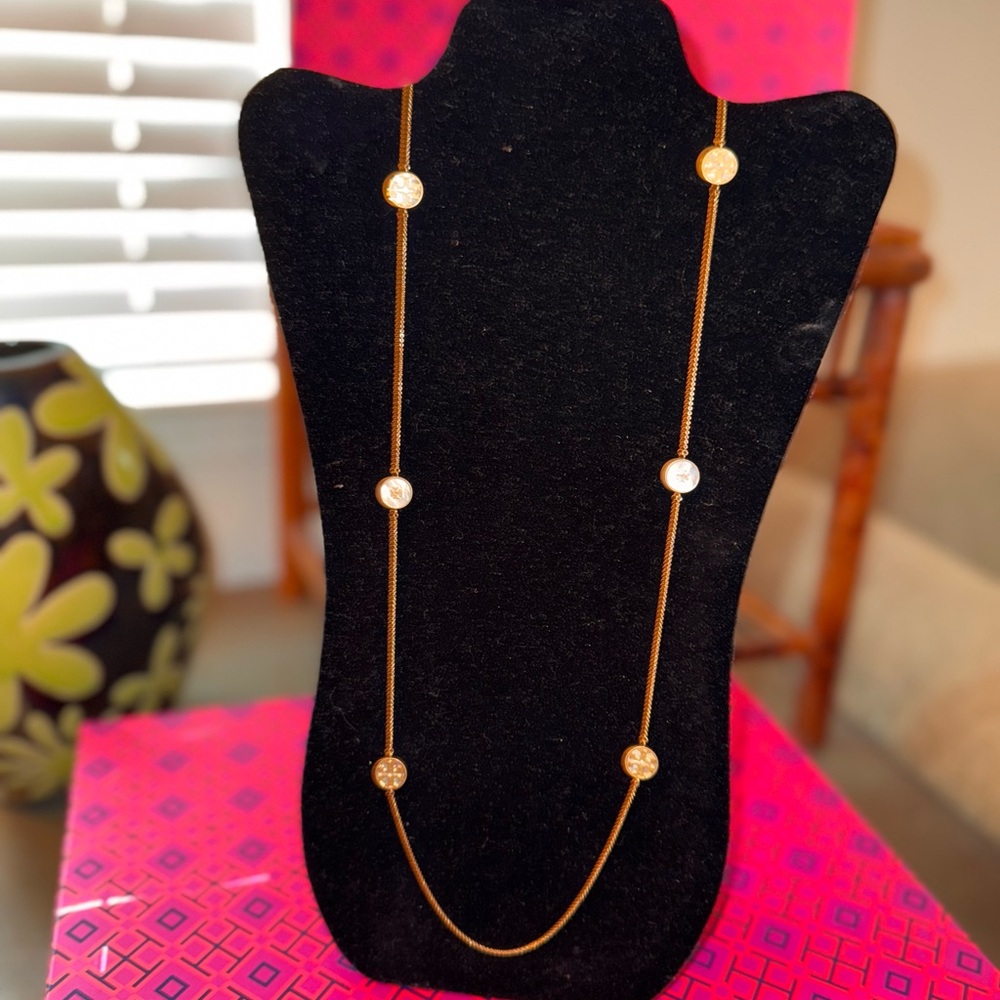 Tory Burch “Double T” logo Gold Necklace with Crystal Accents